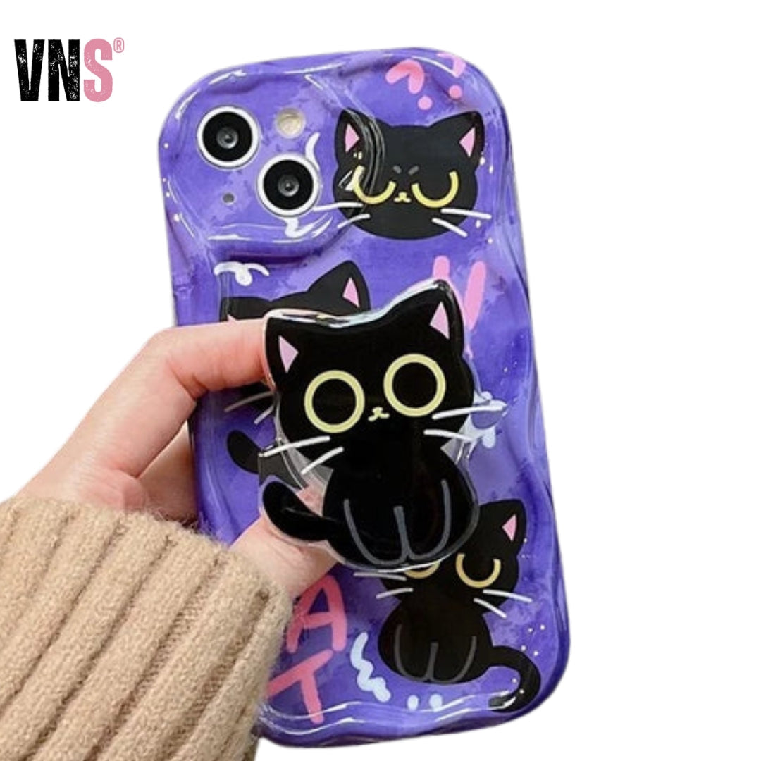 Cute Dark Cat Grip Tok Holder Wave TPU Soft Phone Case for Samsung Galaxy S23 Ultra S24 Plus S25 S22 S21 S20 FE A30S A51 A31 A50
