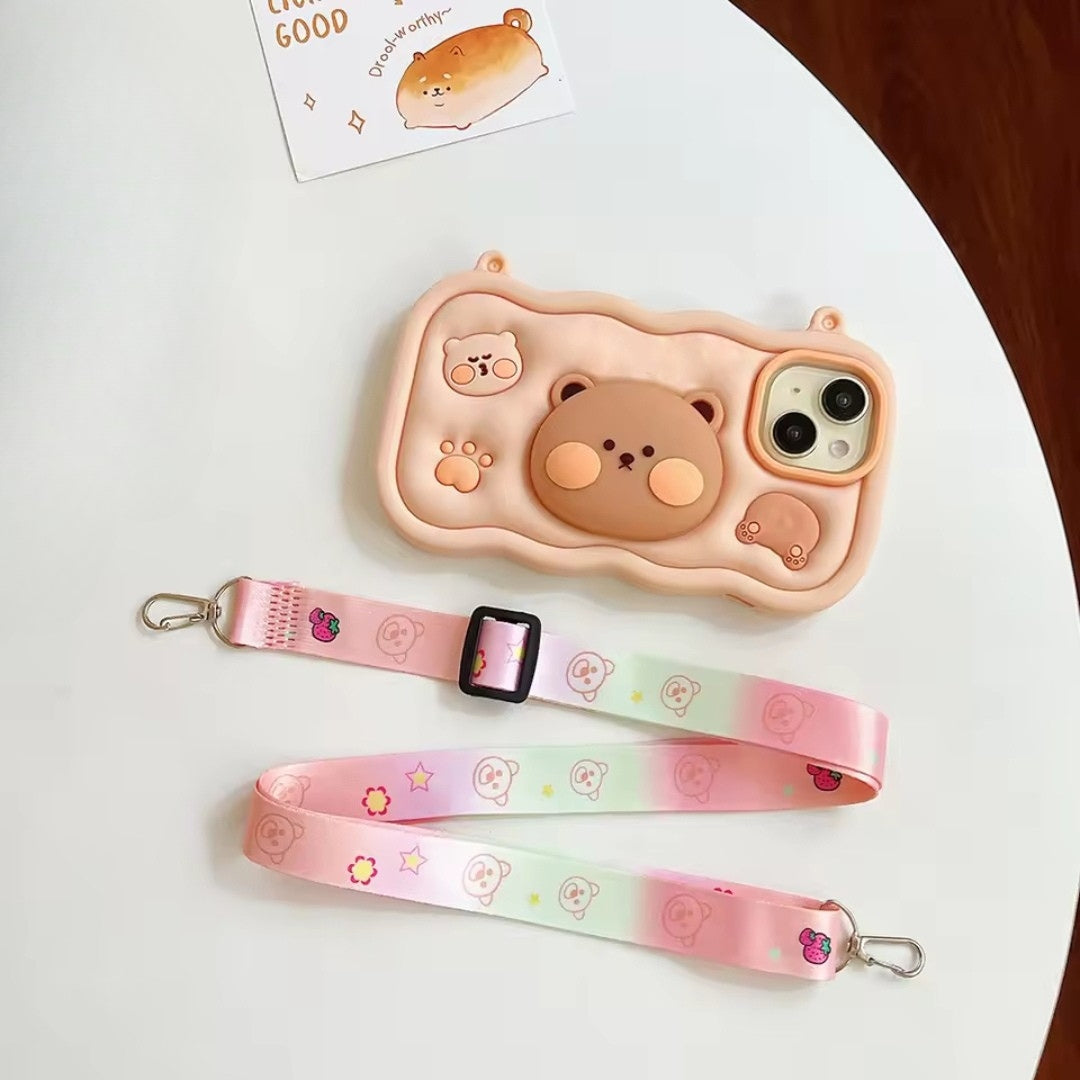 Kawaii Cartoon Case For iPhone 16 15 14 Plus 13 12 Pro Max Soft Silicone Stand Holder Cover With Strap