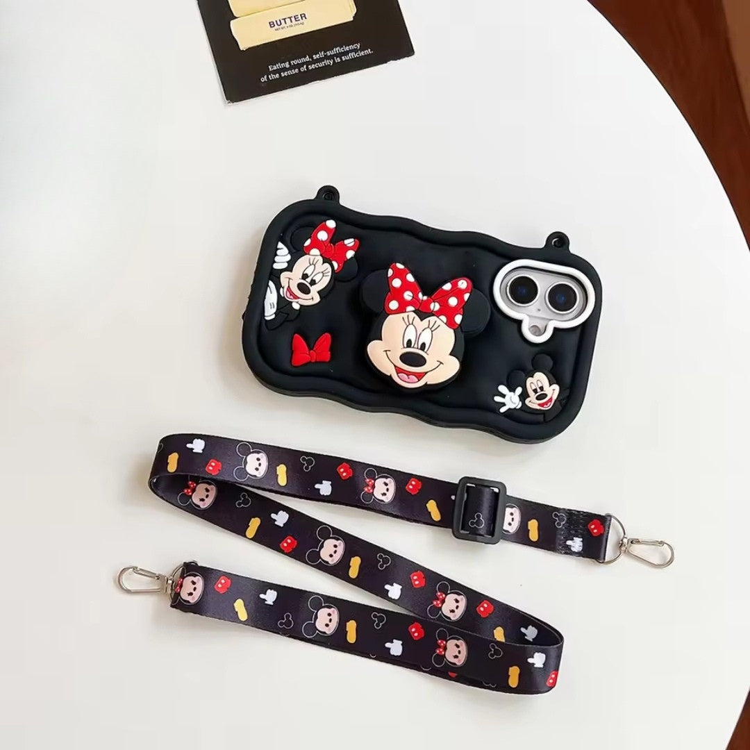 Kawaii Cartoon Case For iPhone 16 15 14 Plus 13 12 Pro Max Soft Silicone Stand Holder Cover With Strap