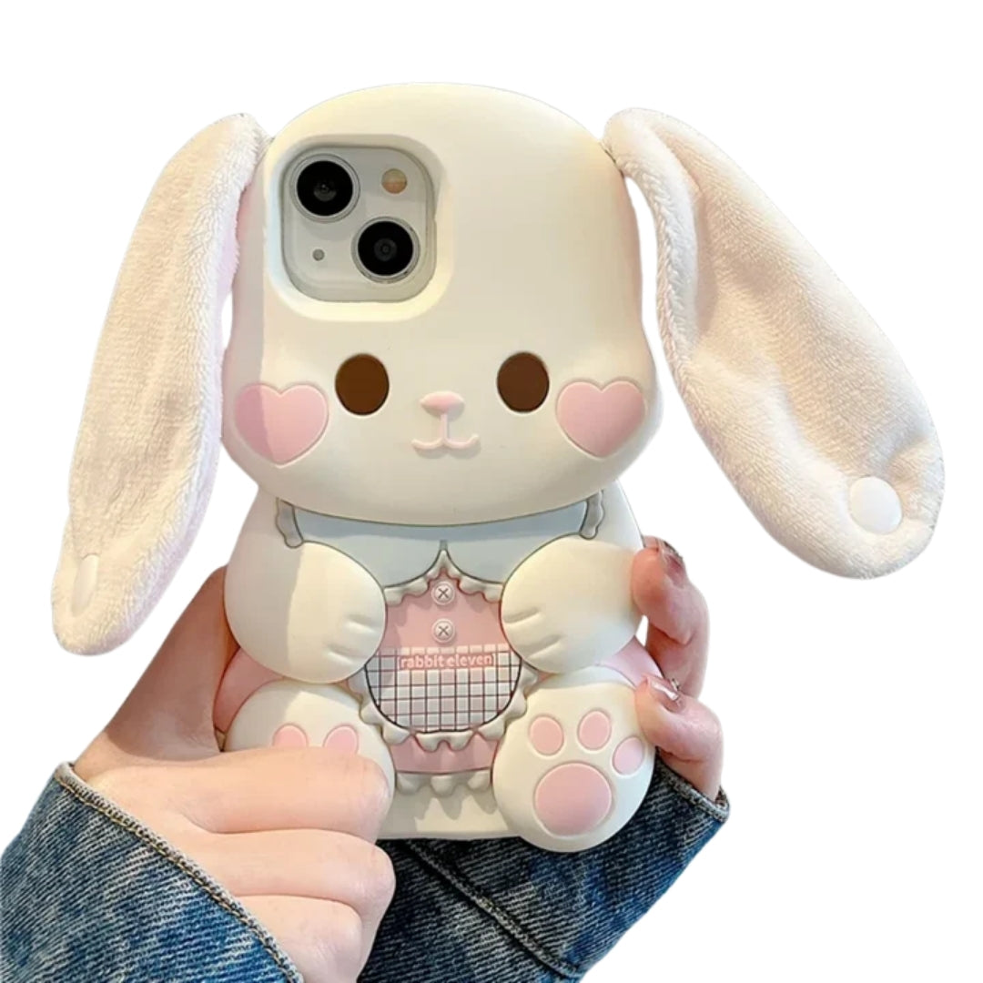 Cute Cartoon 3D portable ears Pink Love heart Face Rabbit Phone Case for IPhone 15 14 13 12Pro Max Silicone Soft Anti-drop Cover