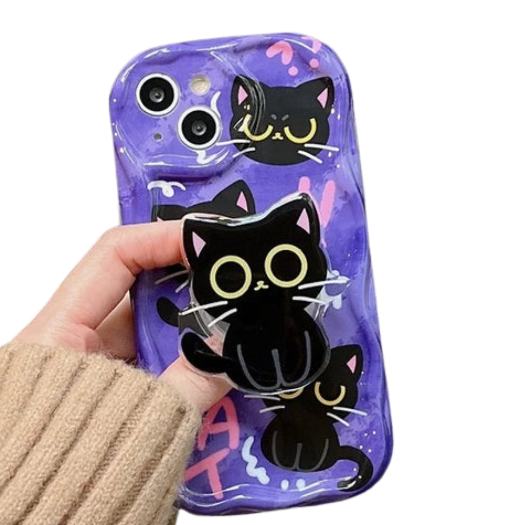 Cute Dark Cat Grip Tok Holder Wave TPU Soft Phone Case for Samsung Galaxy S23 Ultra S24 Plus S25 S22 S21 S20 FE A30S A51 A31 A50