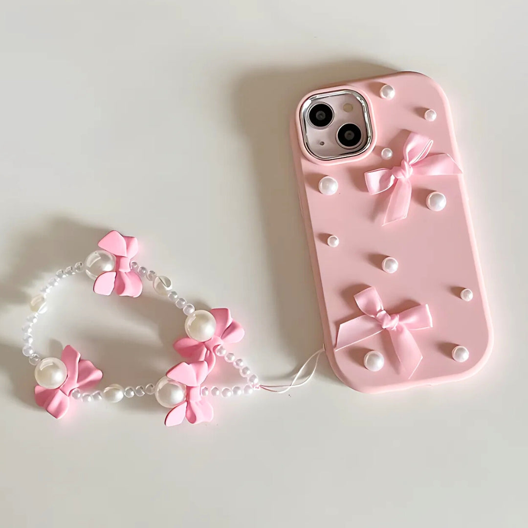 For iPhone 15 14 13 12 11 Pro Max Case 3D Pearl Bowknot Drop-proof Silicone Protective Cover