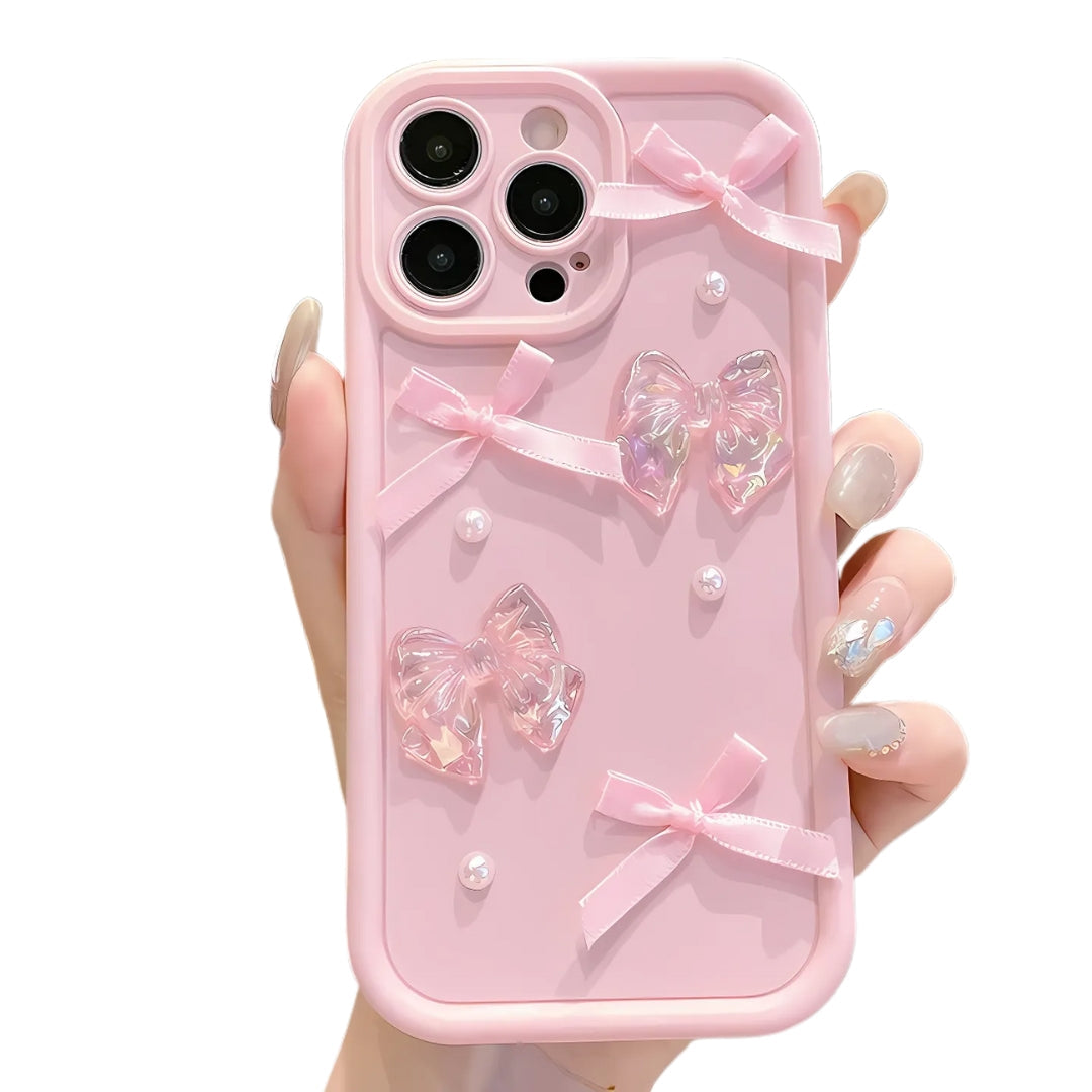 3D Bow Pearl Decorated Phone Case For iPhone 16 15 14 13 12 11 Pro Max 16E XS X XR 7 8 Plus SE2 Shockproof Silicone Soft Cover