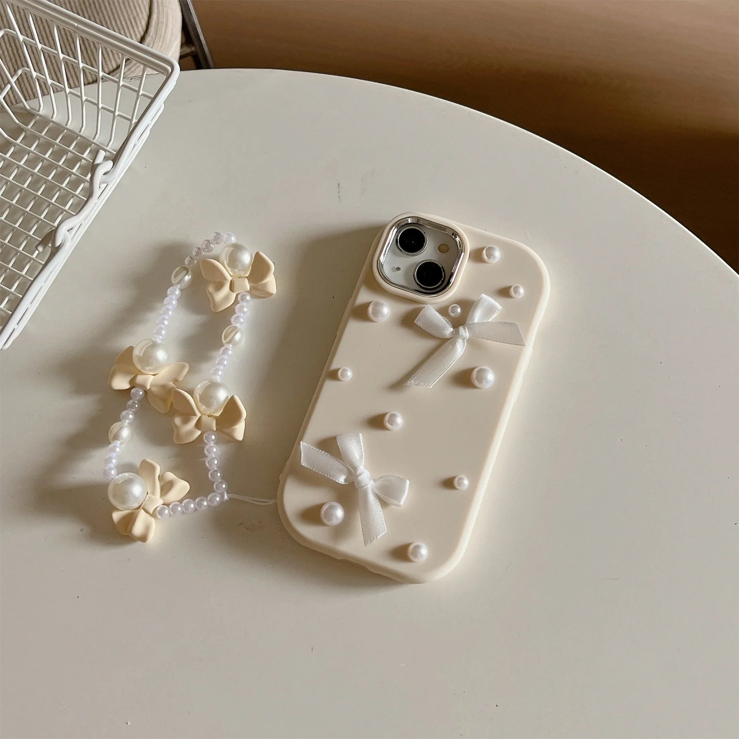 For iPhone 15 14 13 12 11 Pro Max Case 3D Pearl Bowknot Drop-proof Silicone Protective Cover