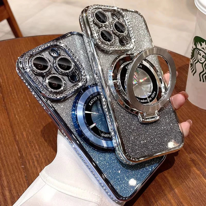 Luxury Plating For Magsafe Magnetic Stand Holder Glitter Diamond Case For iPhone 16 15 11 12 13 14 Pro Max Soft Silicone Cover
