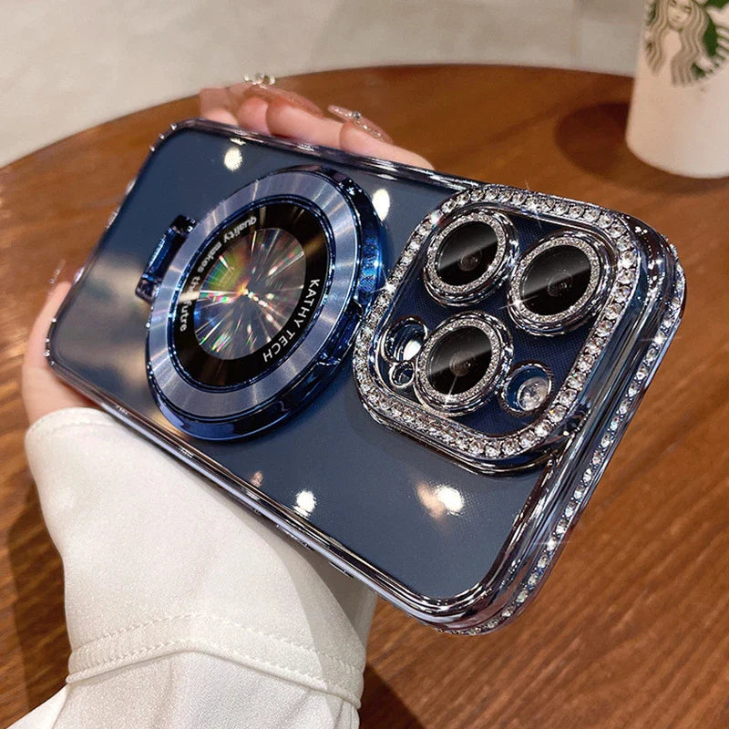 Luxury Plating For Magsafe Magnetic Stand Holder Glitter Diamond Case For iPhone 16 15 11 12 13 14 Pro Max Soft Silicone Cover