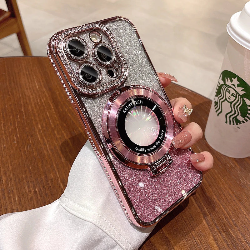 Luxury Plating For Magsafe Magnetic Stand Holder Glitter Diamond Case For iPhone 16 15 11 12 13 14 Pro Max Soft Silicone Cover