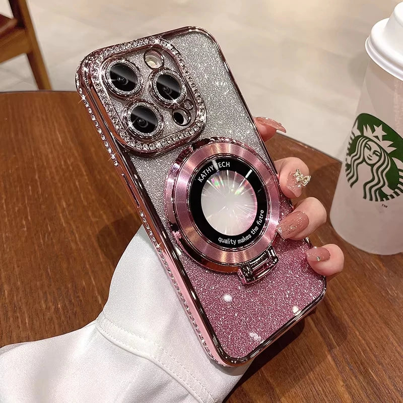 Luxury Plating For Magsafe Magnetic Stand Holder Glitter Diamond Case For iPhone 16 15 11 12 13 14 Pro Max Soft Silicone Cover