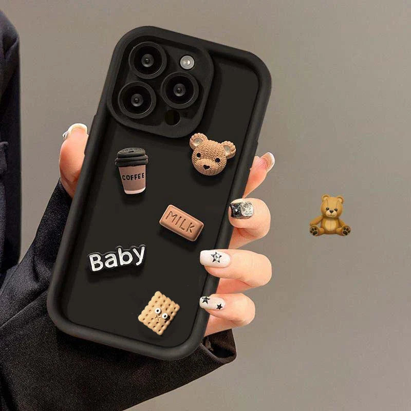 Case For iPhone 15 12 11 13 14 Pro Max 16 Pro 7 8 Plus X XS XR 15pro Cases Soft Matte Cover Cute 3D Bear Coffee Cartoon Silicone