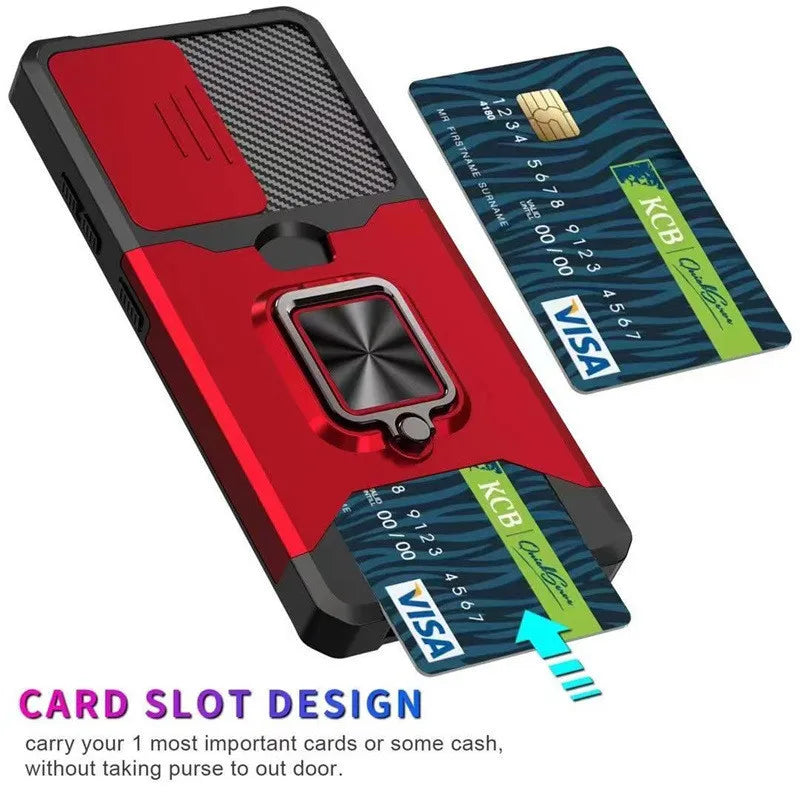 For Samsung S24 S23 S22 Ultra Phone Case Ring Holder Card Insertion Lens Push Window Protection Anti Drop Back Cover