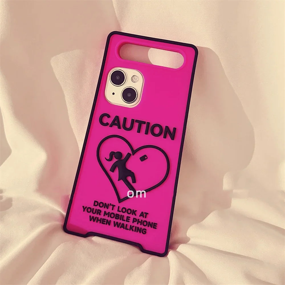 Glow-In-The-Dark Creative Funny Warning Sign Phone Case For iPhone16 15 13 14 12 11ProMax Lovely Street Fashion Soft Back Cover