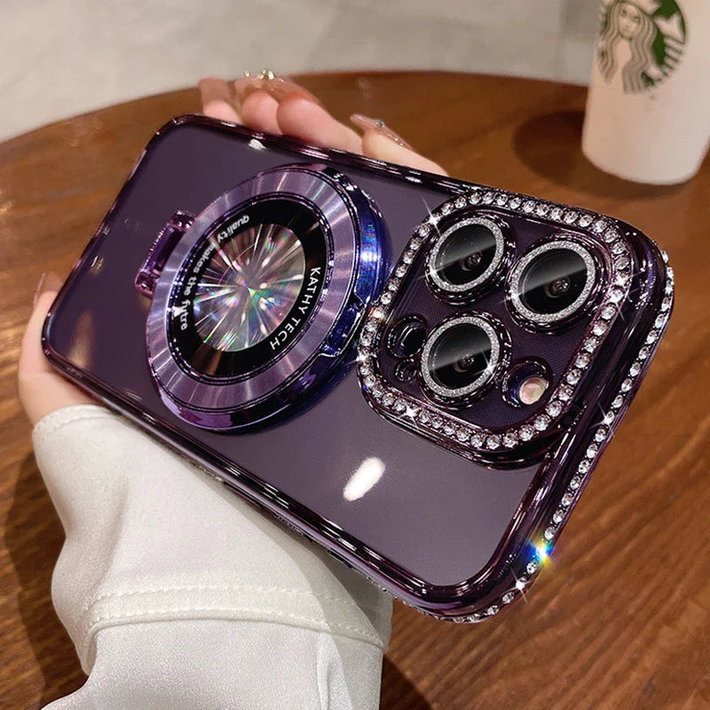 Luxury Plating For Magsafe Magnetic Stand Holder Glitter Diamond Case For iPhone 16 15 11 12 13 14 Pro Max Soft Silicone Cover