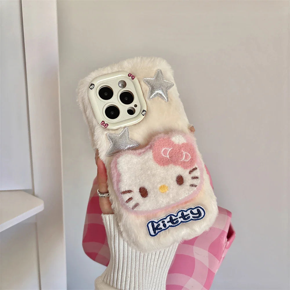Camera Holder Stand Shockproof Phone Case For iPhone 11 12 13 14 15 16 Pro Max Plus Bumper Cute 3D Fur Fluffy Cover