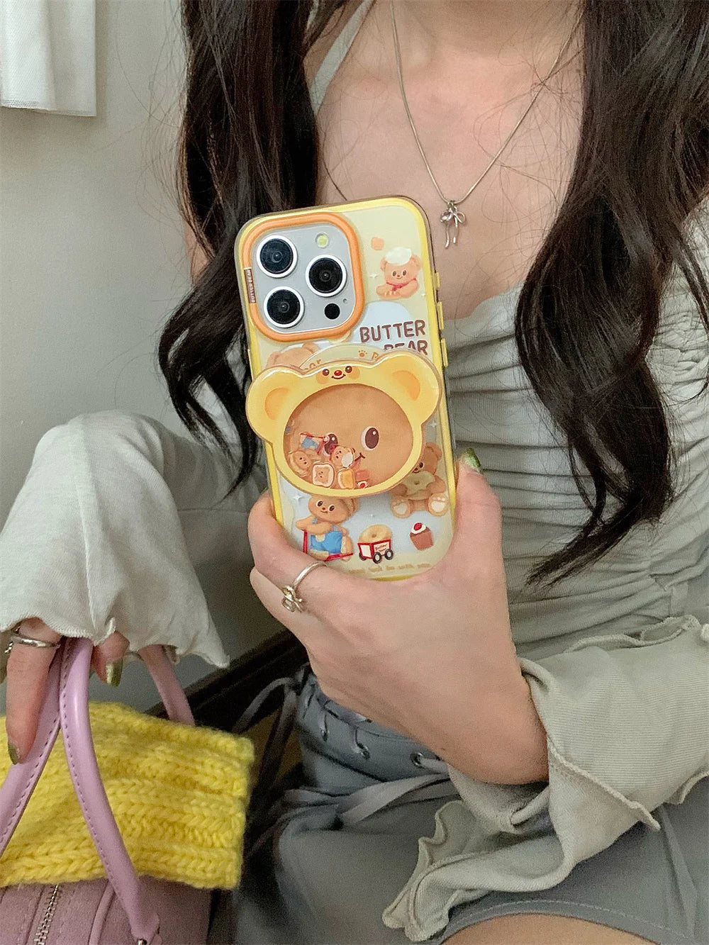 Magnetic Holder Phone Case for Iphone16 15 14 13ProMax 3D Cartoon Butter Bear High Quality  Shockproof Soft Cute Anti-drop Cover