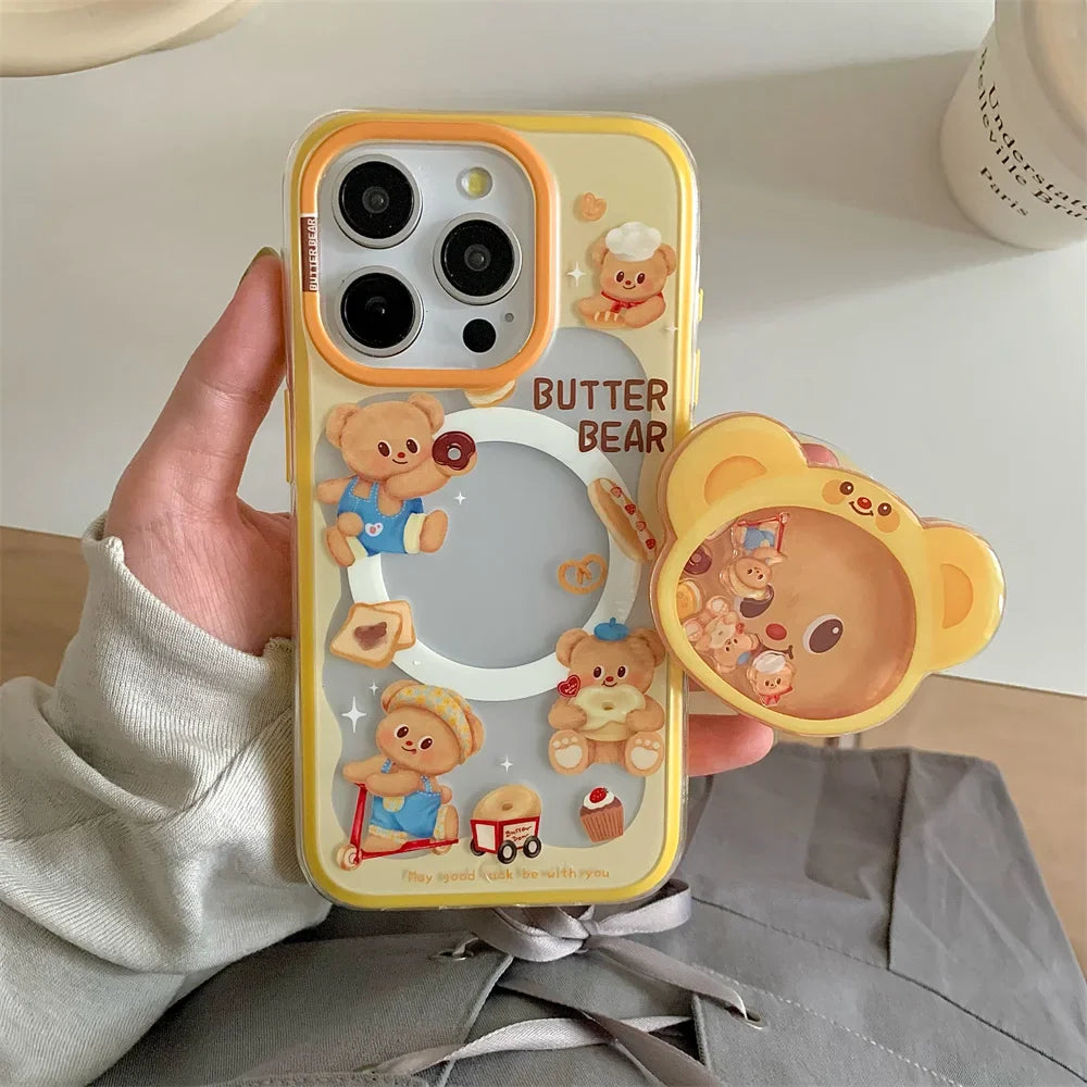 Magnetic Holder Phone Case for Iphone16 15 14 13ProMax 3D Cartoon Butter Bear High Quality  Shockproof Soft Cute Anti-drop Cover