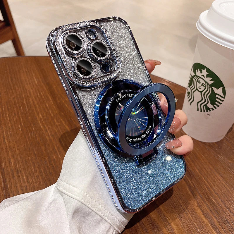 Luxury Plating For Magsafe Magnetic Stand Holder Glitter Diamond Case For iPhone 16 15 11 12 13 14 Pro Max Soft Silicone Cover