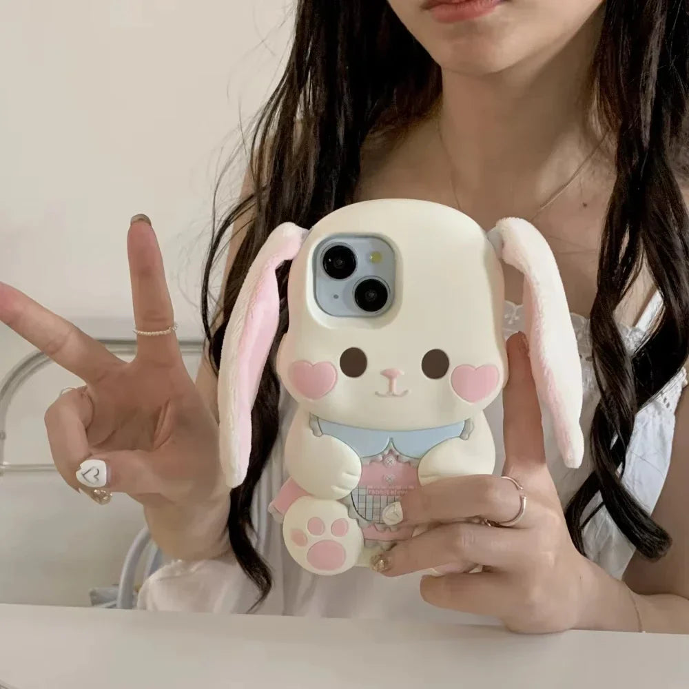 Cute Cartoon 3D portable ears Pink Love heart Face Rabbit Phone Case for IPhone 15 14 13 12Pro Max Silicone Soft Anti-drop Cover