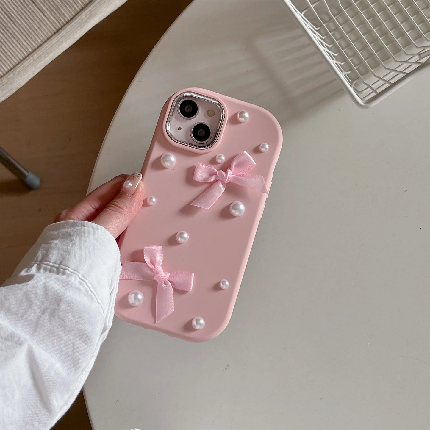 For iPhone 15 14 13 12 11 Pro Max Case 3D Pearl Bowknot Drop-proof Silicone Protective Cover
