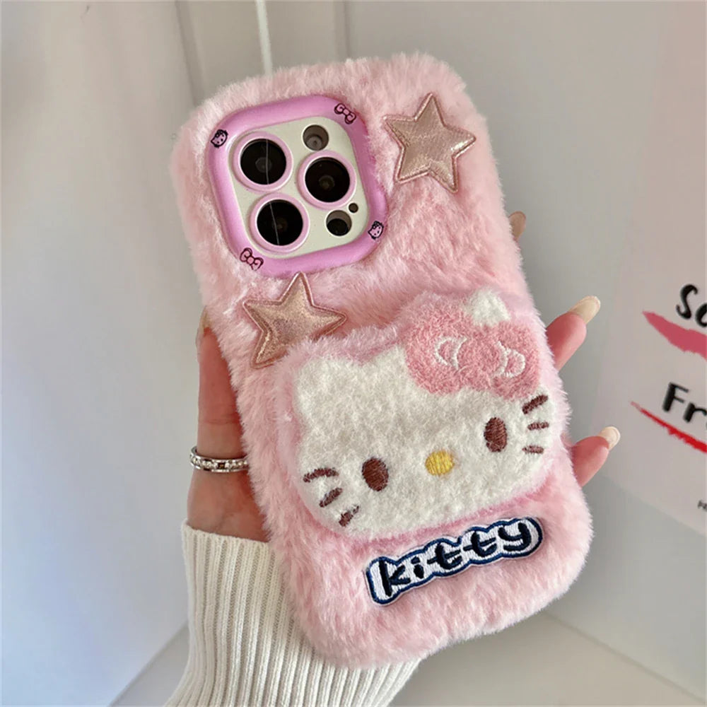 Camera Holder Stand Shockproof Phone Case For iPhone 11 12 13 14 15 16 Pro Max Plus Bumper Cute 3D Fur Fluffy Cover