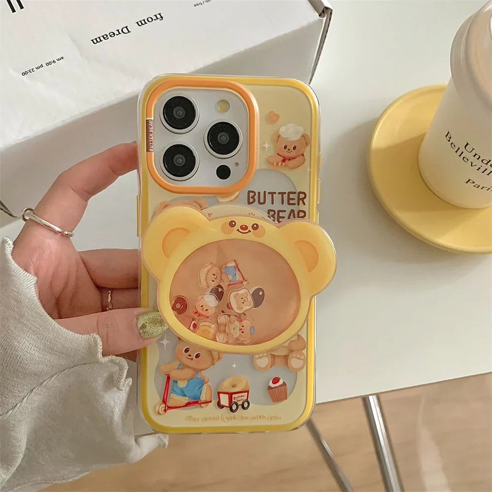Magnetic Holder Phone Case for Iphone16 15 14 13ProMax 3D Cartoon Butter Bear High Quality  Shockproof Soft Cute Anti-drop Cover