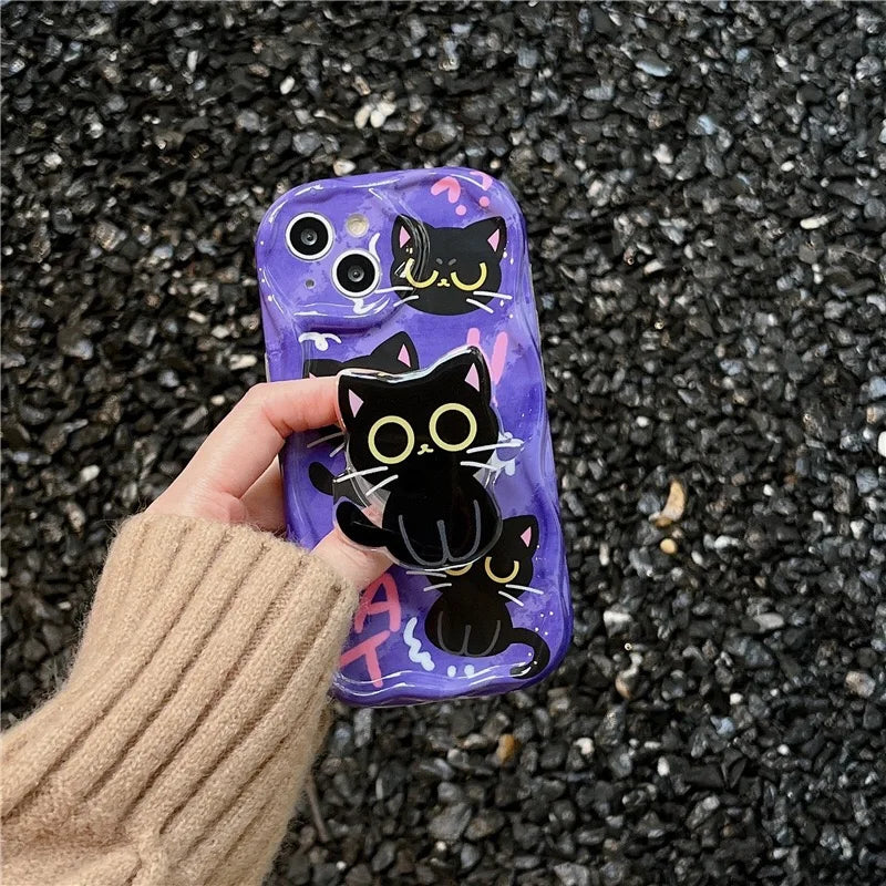 Cute Dark Cat Grip Tok Holder Wave TPU Soft Phone Case for Samsung Galaxy S23 Ultra S24 Plus S25 S22 S21 S20 FE A30S A51 A31 A50