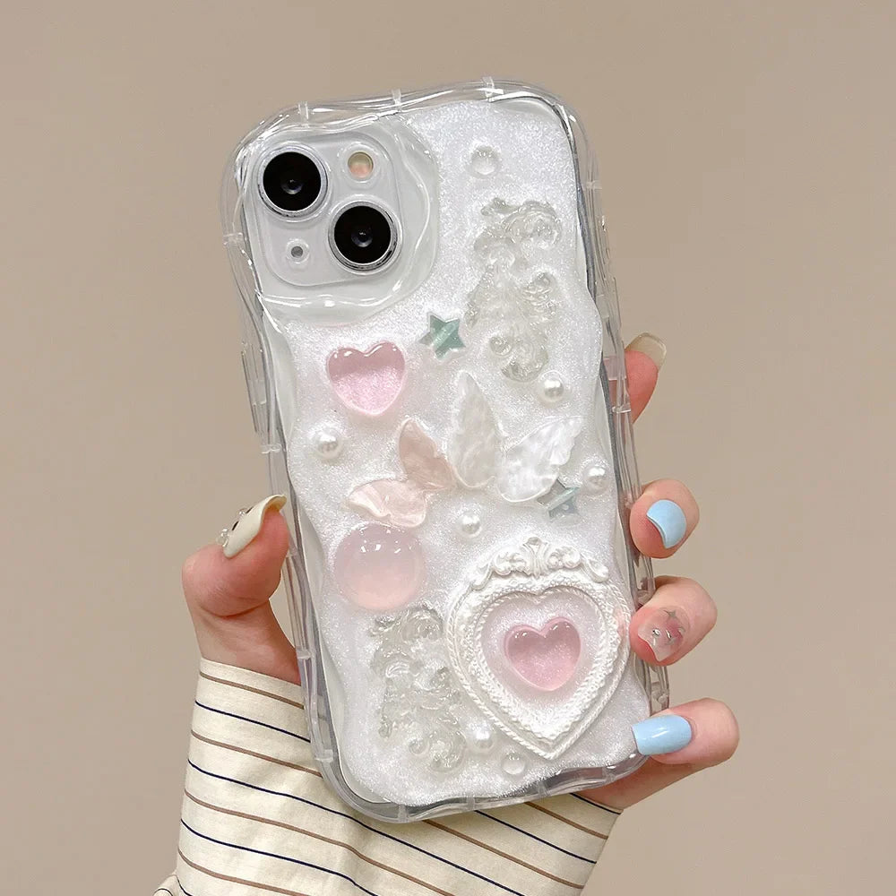 3D Butterfly Cartoon Heart Phone Case For iPhone 16 15 14 13 12 Pro Max Luxurious Lovely Soft Shockproof Back Cover