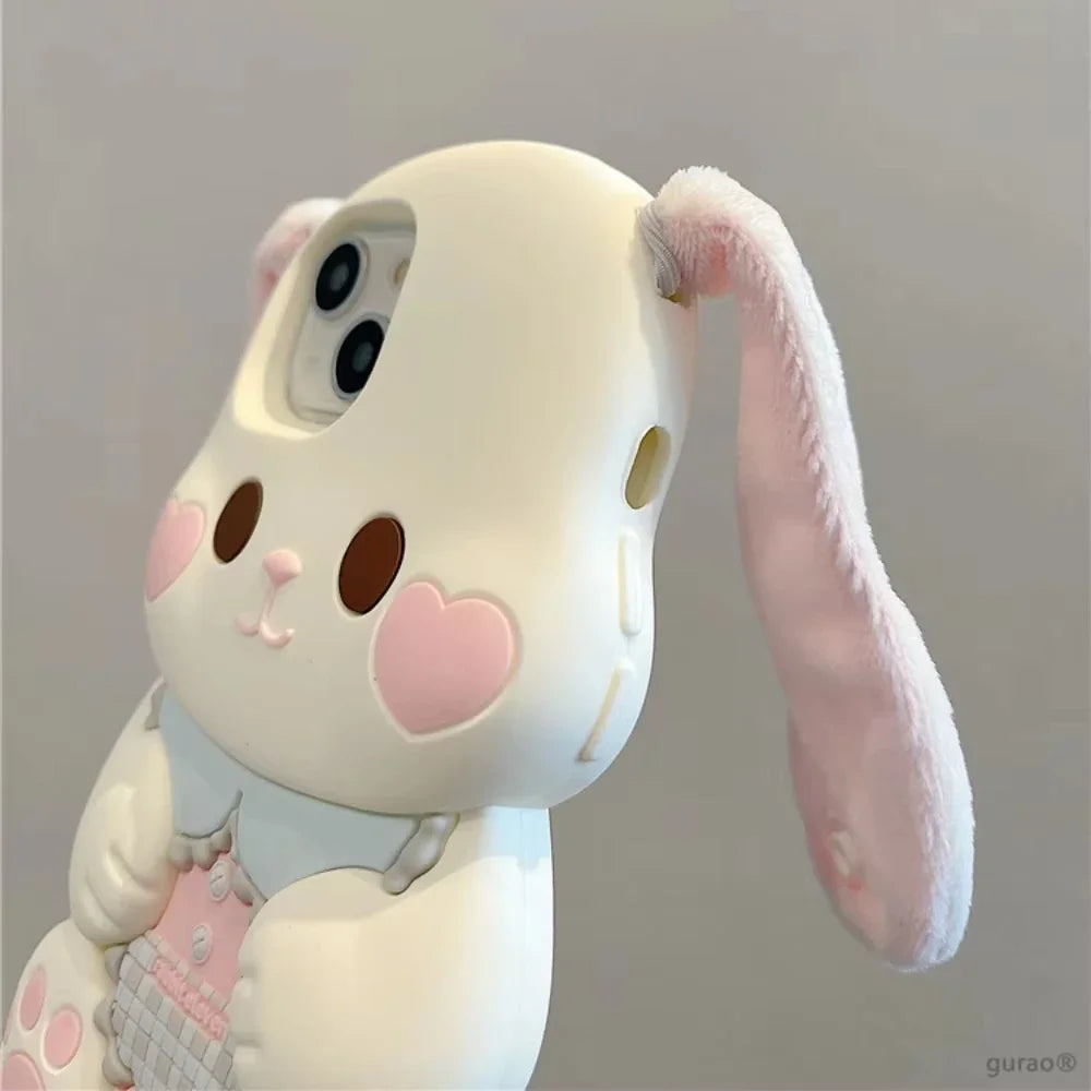 Cute Cartoon 3D portable ears Pink Love heart Face Rabbit Phone Case for IPhone 15 14 13 12Pro Max Silicone Soft Anti-drop Cover