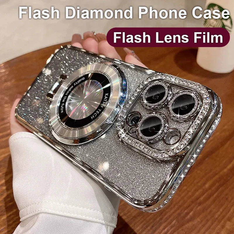 Luxury Plating For Magsafe Magnetic Stand Holder Glitter Diamond Case For iPhone 16 15 11 12 13 14 Pro Max Soft Silicone Cover