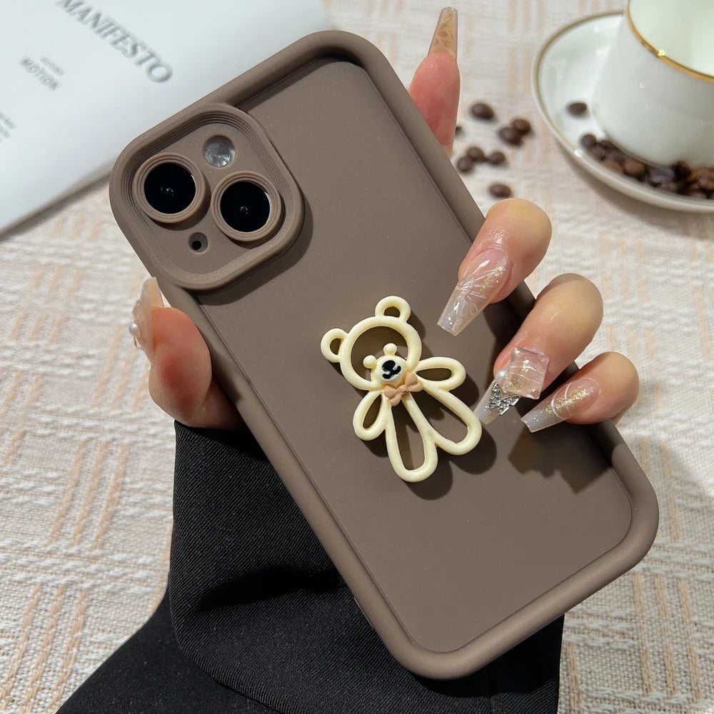 Case For iPhone 15 12 11 13 14 Pro Max 16 Pro 7 8 Plus X XS XR 15pro Cases Soft Matte Cover Cute 3D Bear Coffee Cartoon Silicone