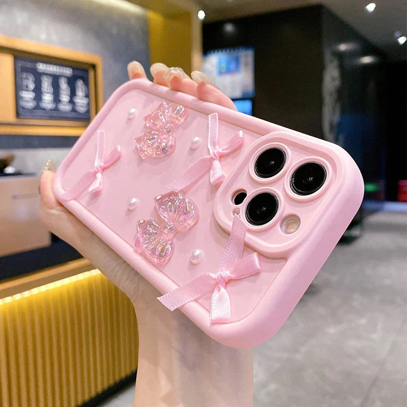 3D Bow Pearl Decorated Phone Case For iPhone 16 15 14 13 12 11 Pro Max 16E XS X XR 7 8 Plus SE2 Shockproof Silicone Soft Cover