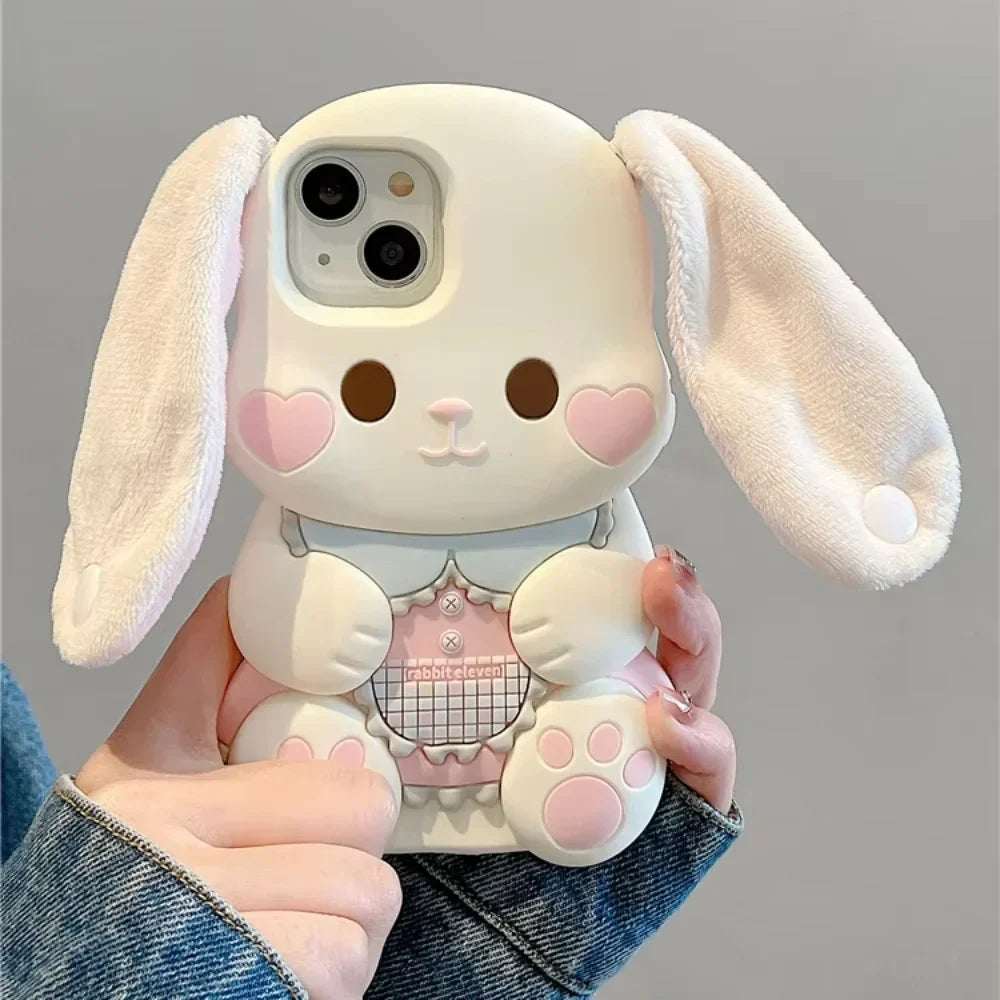 Cute Cartoon 3D portable ears Pink Love heart Face Rabbit Phone Case for IPhone 15 14 13 12Pro Max Silicone Soft Anti-drop Cover