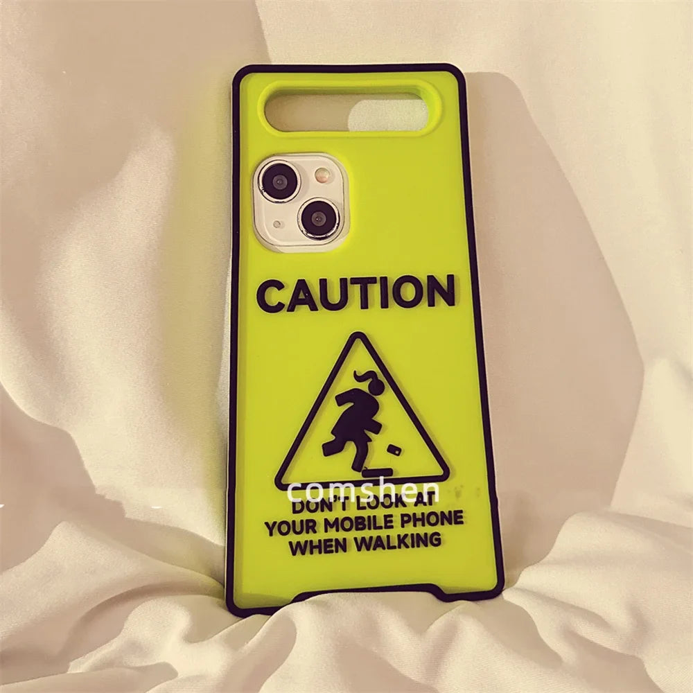 Glow-In-The-Dark Creative Funny Warning Sign Phone Case For iPhone16 15 13 14 12 11ProMax Lovely Street Fashion Soft Back Cover