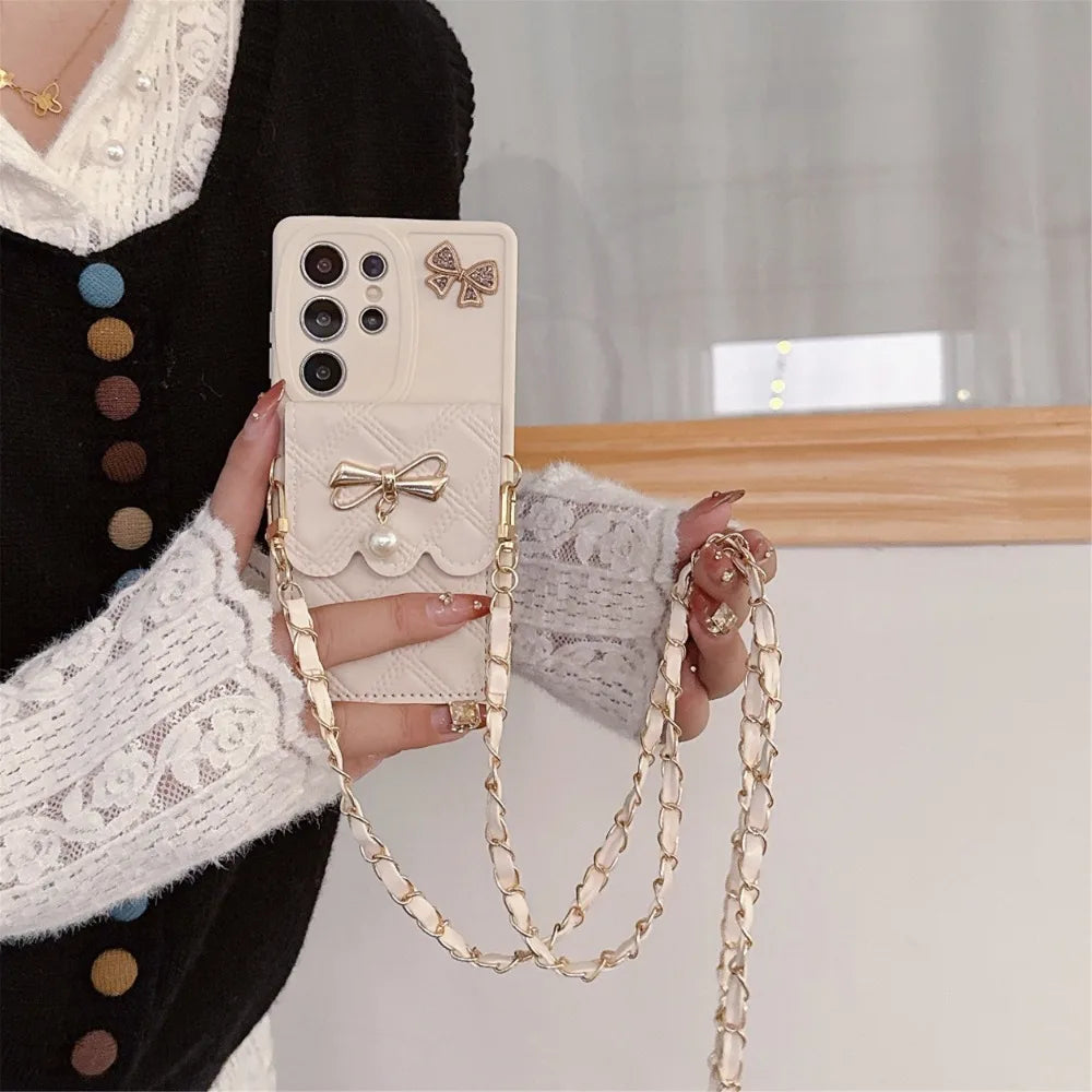 3D Bowknot Crossbody Card Holder Wallet Phone Case For Samsung Galaxy S25 Ultra S24 S23 S21 S20 FE S22+ Plus Note 20 Soft Cover