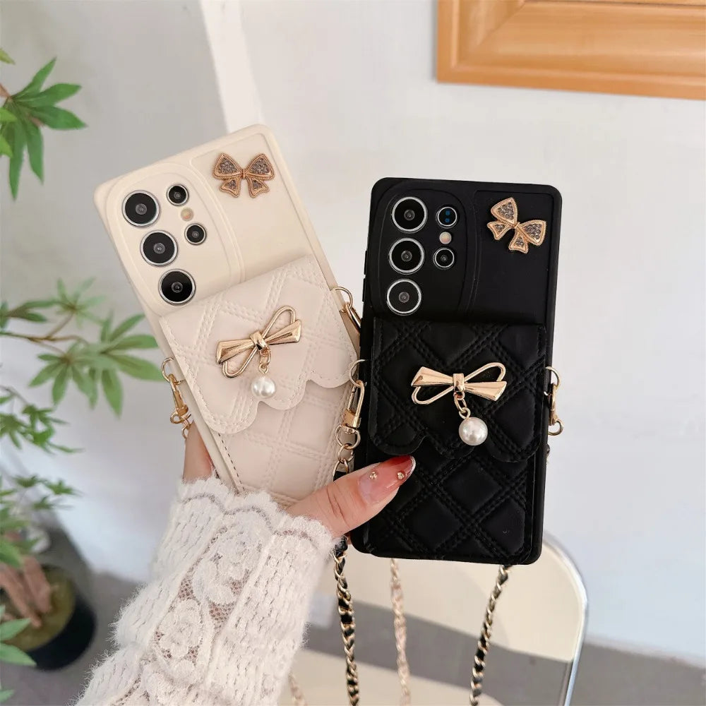 3D Bowknot Crossbody Card Holder Wallet Phone Case For Samsung Galaxy S25 Ultra S24 S23 S21 S20 FE S22+ Plus Note 20 Soft Cover