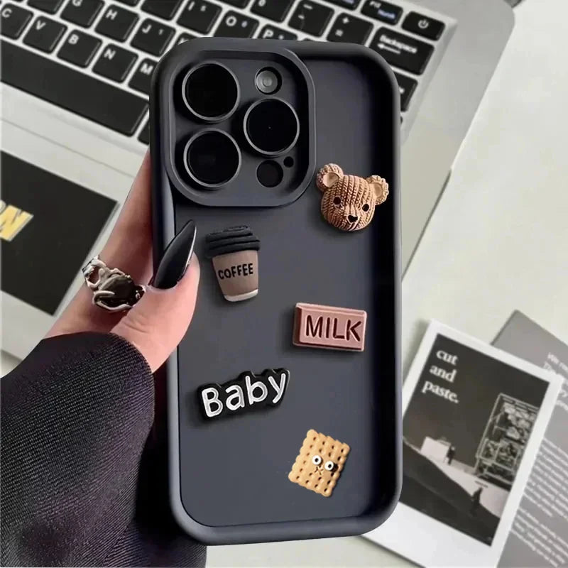 Case For iPhone 15 12 11 13 14 Pro Max 16 Pro 7 8 Plus X XS XR 15pro Cases Soft Matte Cover Cute 3D Bear Coffee Cartoon Silicone