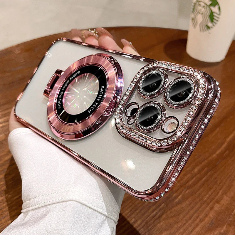 Luxury Plating For Magsafe Magnetic Stand Holder Glitter Diamond Case For iPhone 16 15 11 12 13 14 Pro Max Soft Silicone Cover
