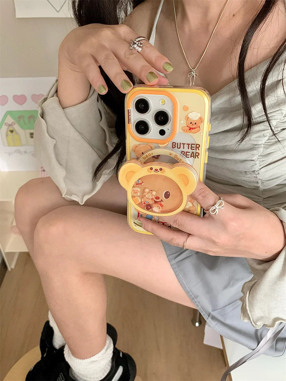 Magnetic Holder Phone Case for Iphone16 15 14 13ProMax 3D Cartoon Butter Bear High Quality  Shockproof Soft Cute Anti-drop Cover