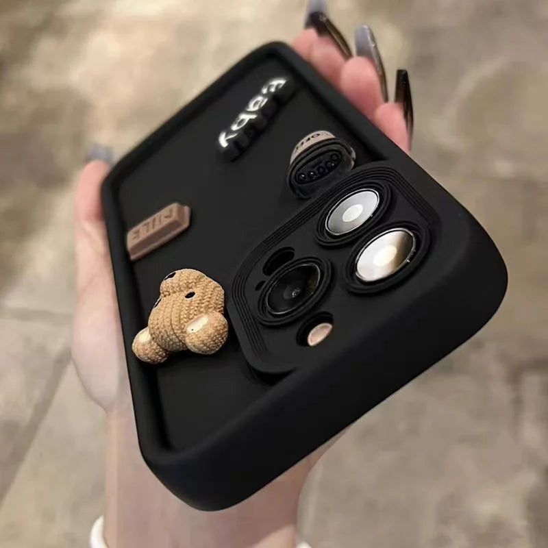 Case For iPhone 15 12 11 13 14 Pro Max 16 Pro 7 8 Plus X XS XR 15pro Cases Soft Matte Cover Cute 3D Bear Coffee Cartoon Silicone