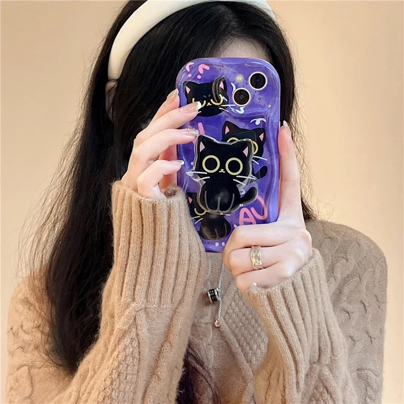 Cute Dark Cat Grip Tok Holder Wave TPU Soft Phone Case for Samsung Galaxy S23 Ultra S24 Plus S25 S22 S21 S20 FE A30S A51 A31 A50
