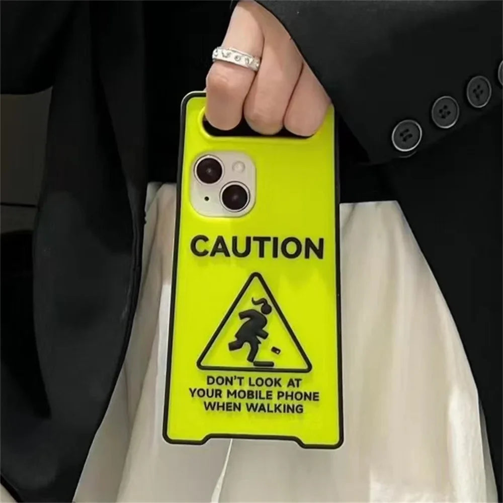 Glow-In-The-Dark Creative Funny Warning Sign Phone Case For iPhone16 15 13 14 12 11ProMax Lovely Street Fashion Soft Back Cover